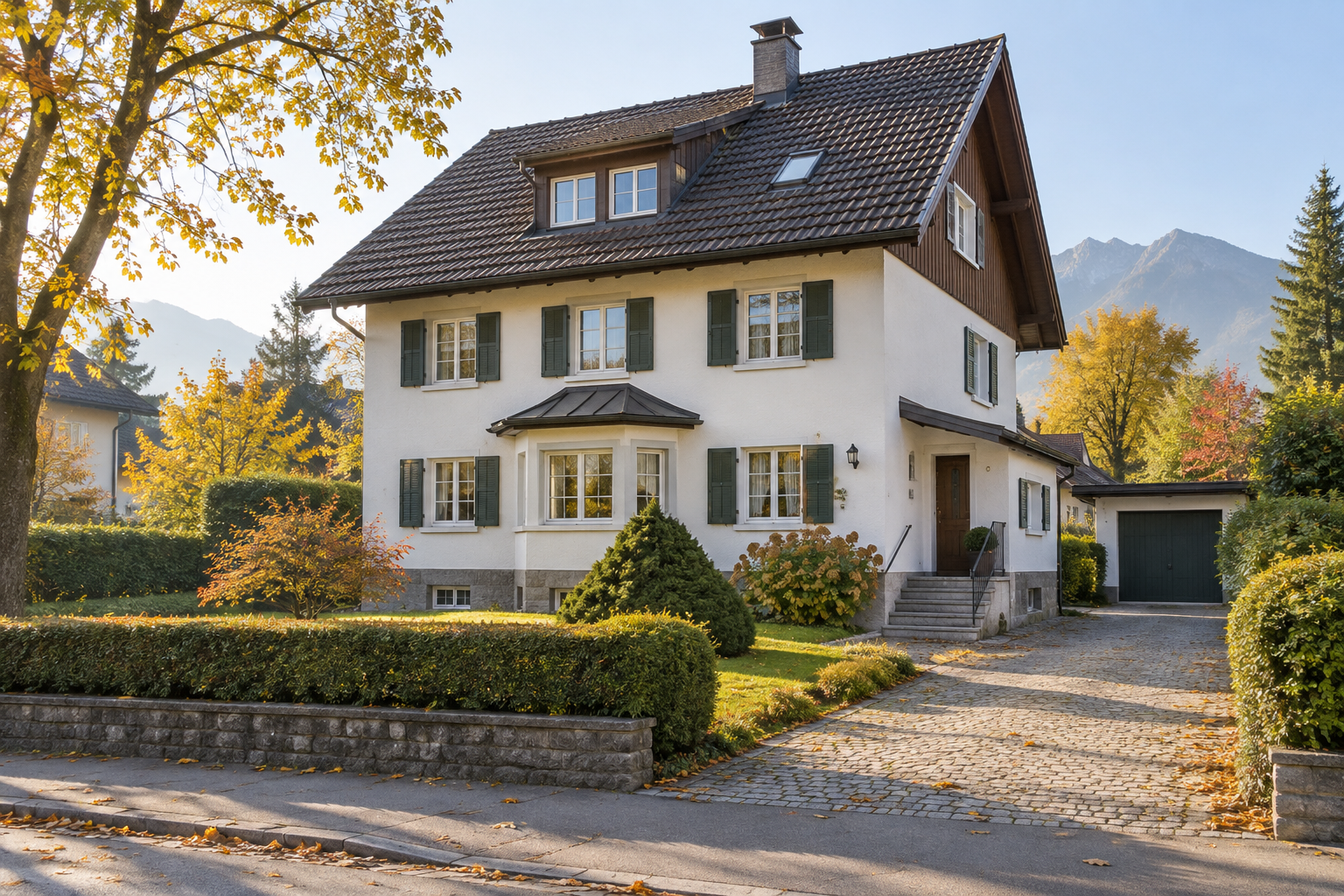 Vollständig sichtbares gepflegtes Wohnhaus an einer ruhigen Straße
